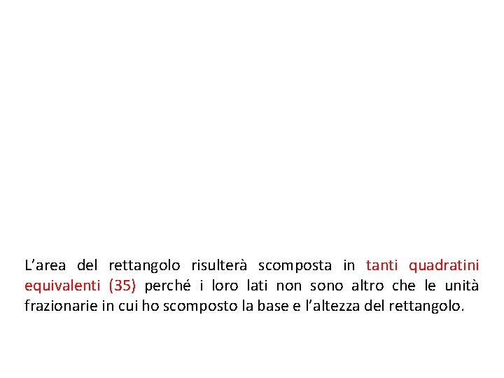 L’area del rettangolo risulterà scomposta in tanti quadratini equivalenti (35) perché i loro lati