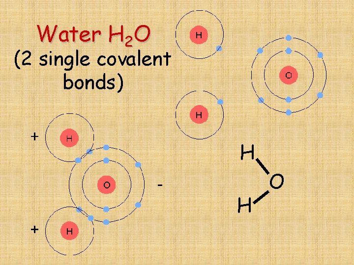 Water H 2 O (2 single covalent bonds) H H O 