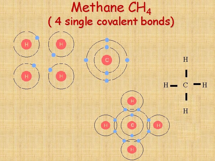 Methane CH 4 ( 4 single covalent bonds) H H C H 