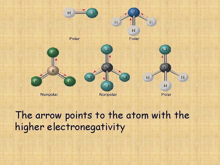 The arrow points to the atom with the higher electronegativity 