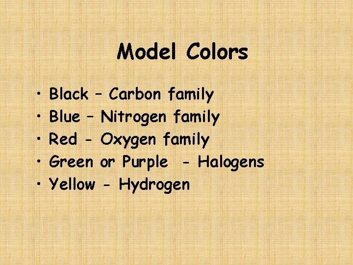 Model Colors • • • Black – Carbon family Blue – Nitrogen family Red