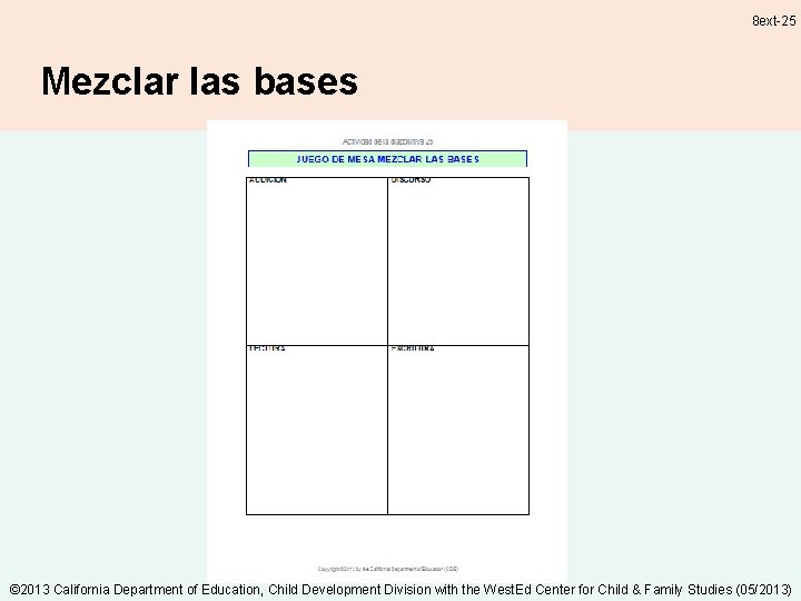8 ext-25 Mezclar las bases © 2013 California Department of Education, Child Development Division 8 ext-25 Mezclar las bases © 2013 California Department of Education, Child Development Division