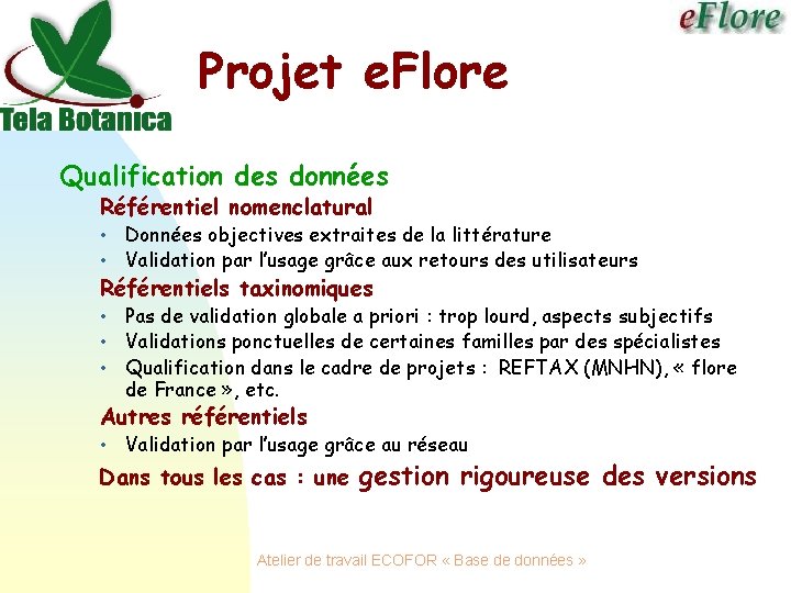 Projet e. Flore Qualification des données Référentiel nomenclatural • • Données objectives extraites de