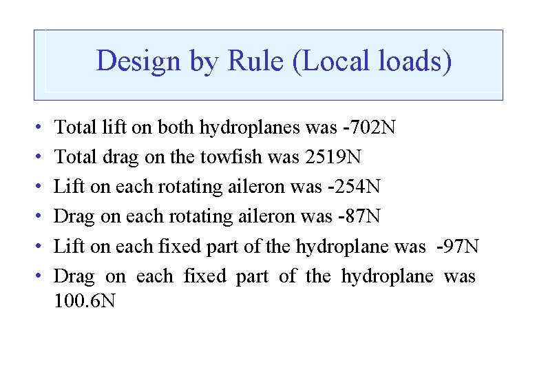 Design by Rule (Local loads) • • • Total lift on both hydroplanes was
