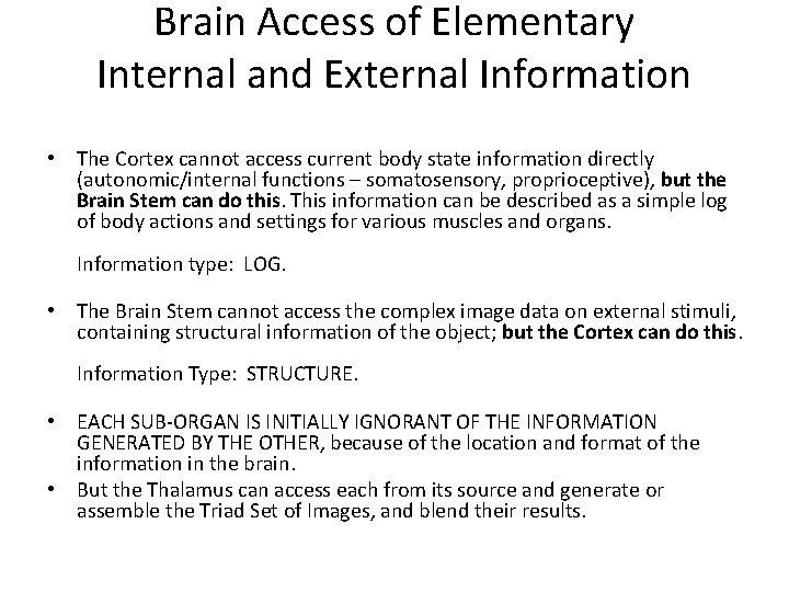 Brain Access of Elementary Internal and External Information • The Cortex cannot access current