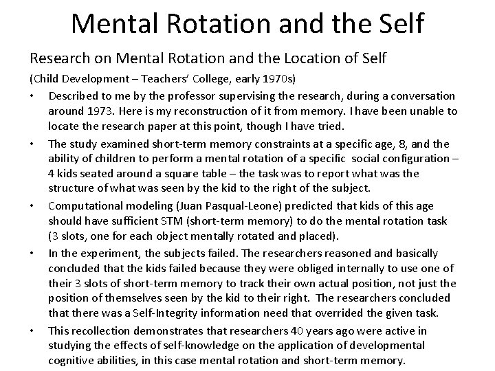 Mental Rotation and the Self Research on Mental Rotation and the Location of Self