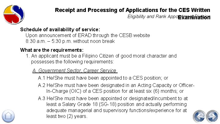 Receipt and Processing of Applications for the CES Written Eligibility and Rank Appointment Division