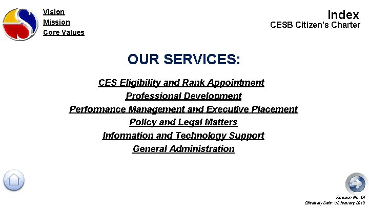 Vision Mission Core Values Index CESB Citizen’s Charter OUR SERVICES: CES Eligibility and Rank