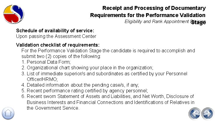 Receipt and Processing of Documentary Requirements for the Performance Validation Eligibility and Rank Appointment