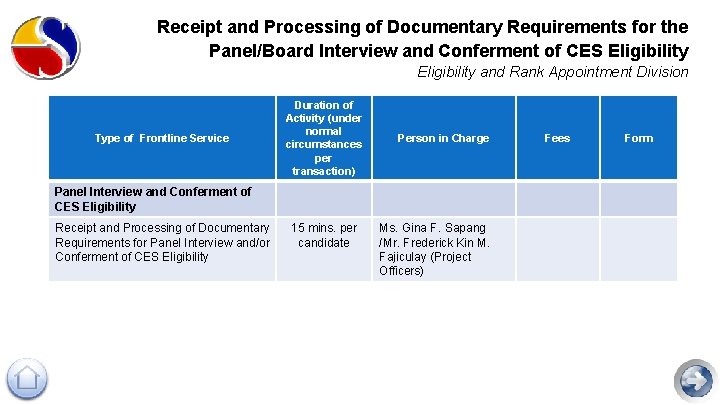 Receipt and Processing of Documentary Requirements for the Panel/Board Interview and Conferment of CES