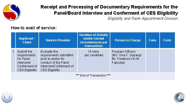 Receipt and Processing of Documentary Requirements for the Panel/Board Interview and Conferment of CES