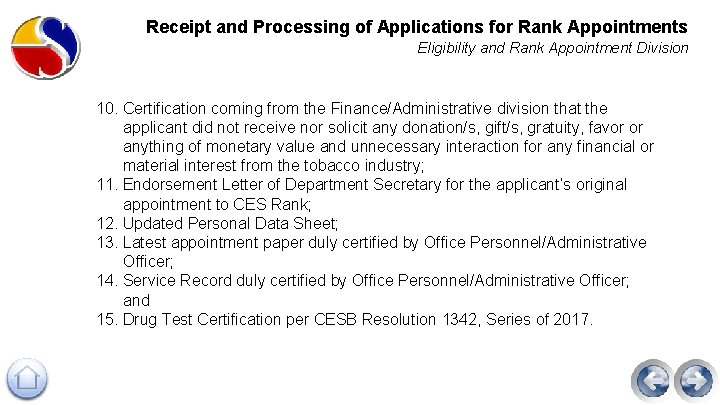 Receipt and Processing of Applications for Rank Appointments Eligibility and Rank Appointment Division 10.