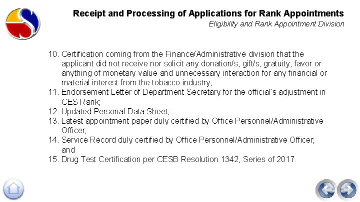 Receipt and Processing of Applications for Rank Appointments Eligibility and Rank Appointment Division 10.