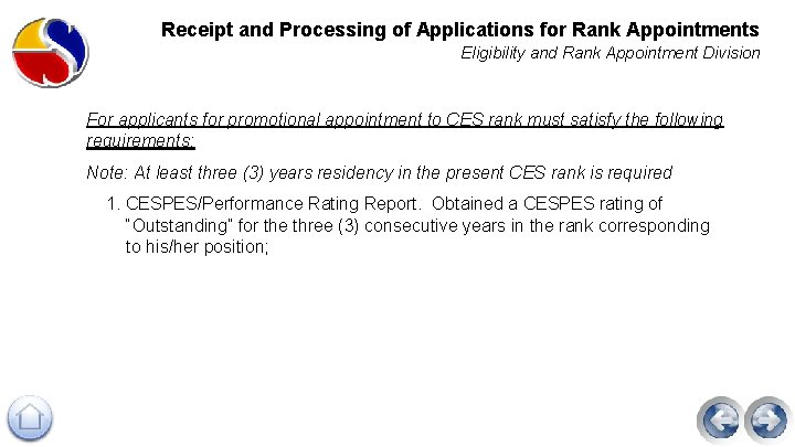 Receipt and Processing of Applications for Rank Appointments Eligibility and Rank Appointment Division For