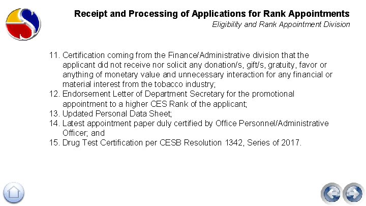 Receipt and Processing of Applications for Rank Appointments Eligibility and Rank Appointment Division 11.