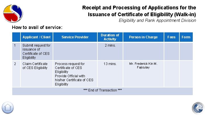 Receipt and Processing of Applications for the Issuance of Certificate of Eligibility (Walk-in) Eligibility