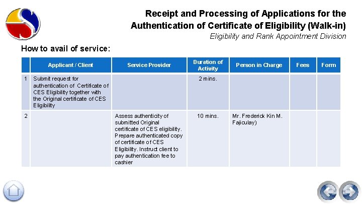 Receipt and Processing of Applications for the Authentication of Certificate of Eligibility (Walk-in) Eligibility