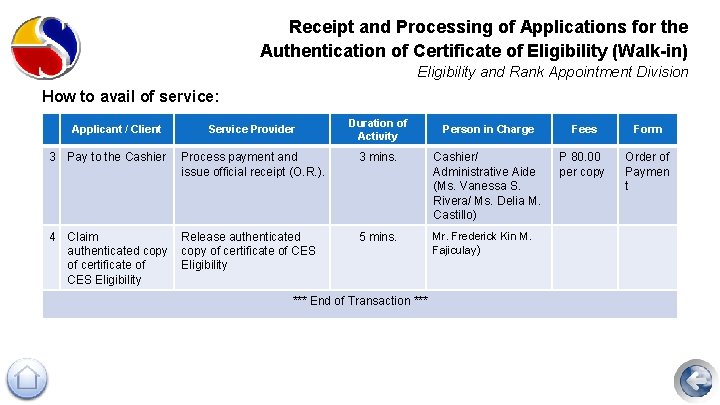 Receipt and Processing of Applications for the Authentication of Certificate of Eligibility (Walk-in) Eligibility