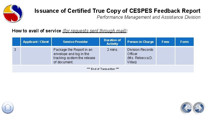 Issuance of Certified True Copy of CESPES Feedback Report Performance Management and Assistance Division
