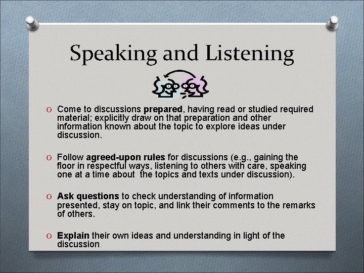 Speaking and Listening O Come to discussions prepared, having read or studied required material;