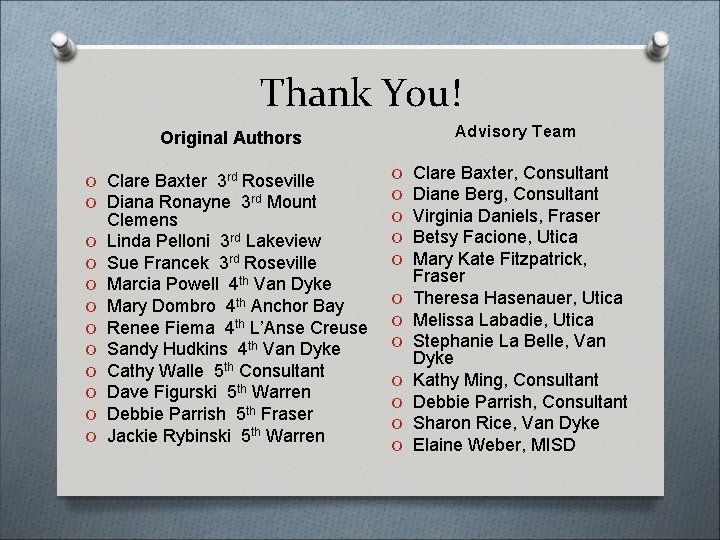 Thank You! Advisory Team Original Authors O Clare Baxter 3 rd Roseville O Diana