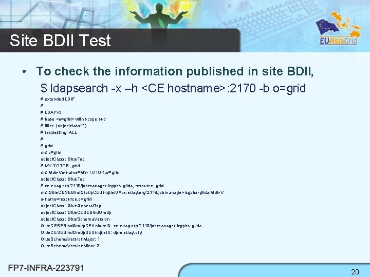 Site BDII Test • To check the information published in site BDII, $ ldapsearch