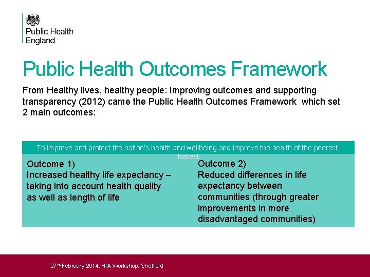 Public Health Outcomes Framework From Healthy lives, healthy people: Improving outcomes and supporting transparency
