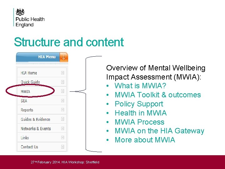 Structure and content Overview of Mental Wellbeing Impact Assessment (MWIA): • What is MWIA?