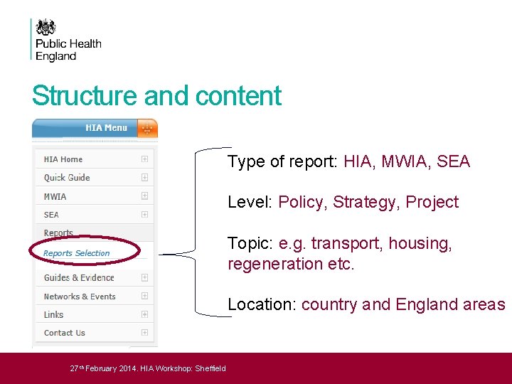 Structure and content Type of report: HIA, MWIA, SEA Level: Policy, Strategy, Project Topic: