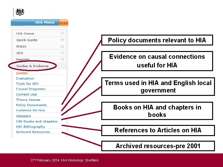 Policy documents relevant to HIA Evidence on causal connections useful for HIA Terms used
