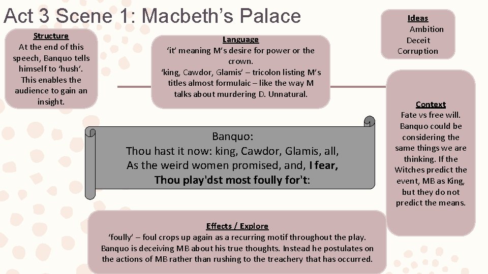 Act 3 Scene 1: Macbeth’s Palace Structure At the end of this speech, Banquo