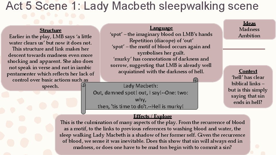 Act 5 Scene 1: Lady Macbeth sleepwalking scene Structure Earlier in the play, LMB