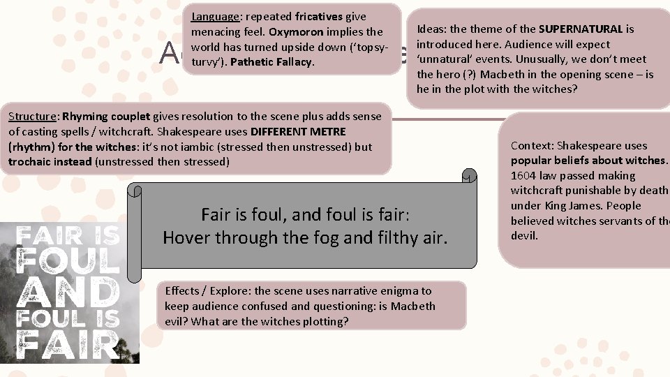 Language: repeated fricatives give menacing feel. Oxymoron implies the world has turned upside down