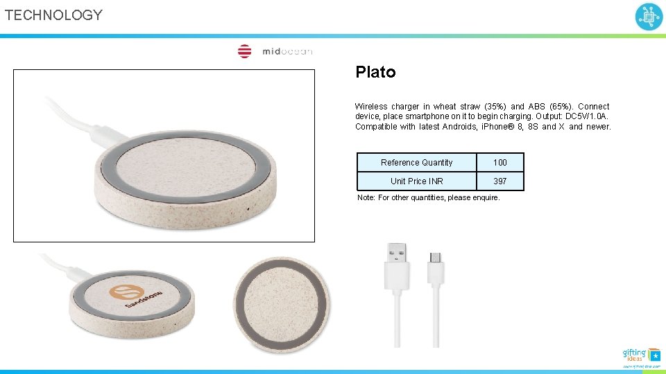 TECHNOLOGY Plato Wireless charger in wheat straw (35%) and ABS (65%). Connect device, place