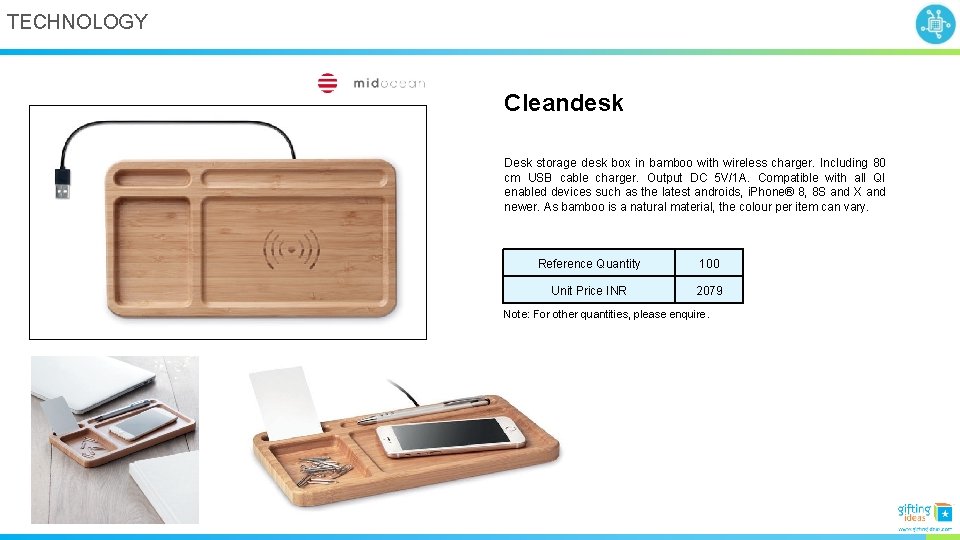 TECHNOLOGY Cleandesk Desk storage desk box in bamboo with wireless charger. Including 80 cm