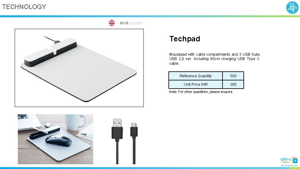 TECHNOLOGY Techpad Mousepad with cable compartments and 3 USB hubs USB 2, 0 ver.
