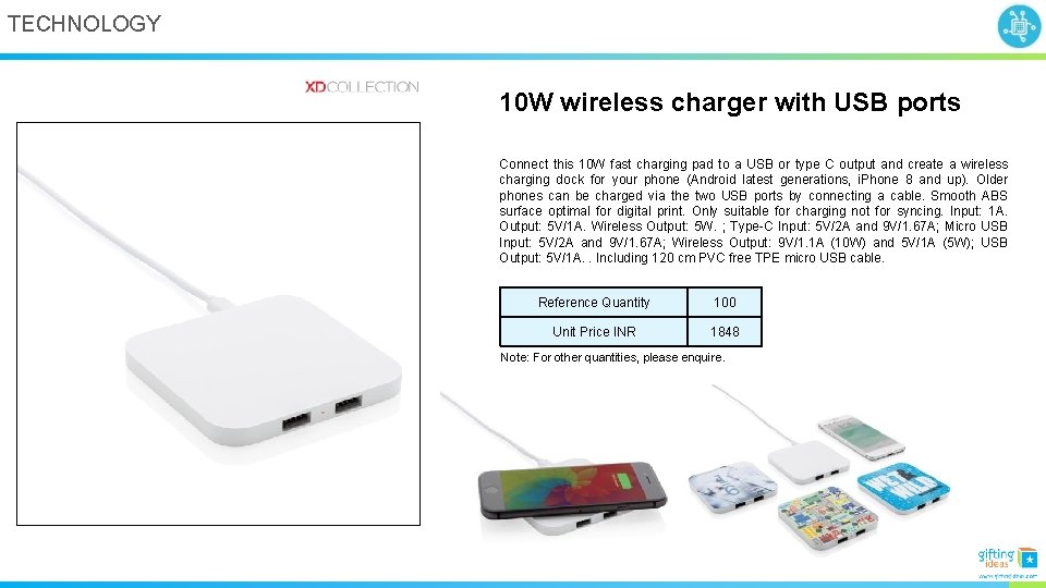 TECHNOLOGY 10 W wireless charger with USB ports Connect this 10 W fast charging