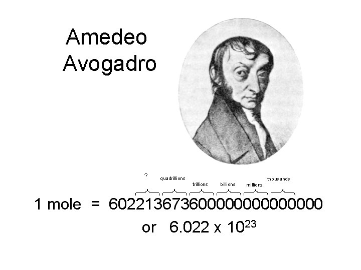 Amedeo Avogadro ? quadrillions trillions billions thousands millions 1 mole = 60221367360000000 or 6.