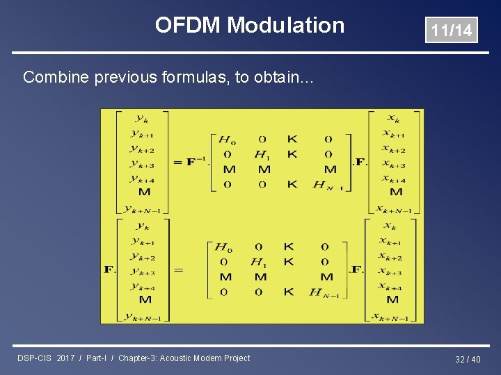 OFDM Modulation 11/14 Combine previous formulas, to obtain… DSP-CIS 2017 / Part-I / Chapter-3: