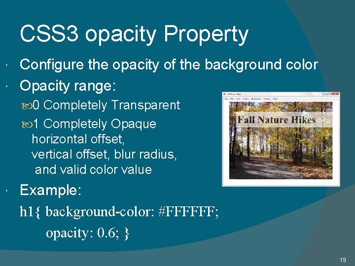 CSS 3 opacity Property Configure the opacity of the background color Opacity range: 0