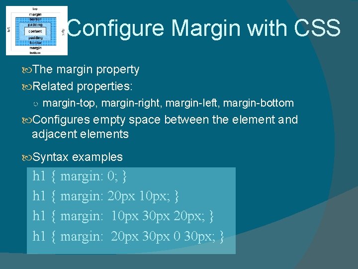Configure Margin with CSS The margin property Related properties: ○ margin-top, margin-right, margin-left, margin-bottom