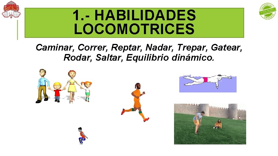 1. - HABILIDADES LOCOMOTRICES Caminar, Correr, Reptar, Nadar, Trepar, Gatear, Rodar, Saltar, Equilibrio dinámico.