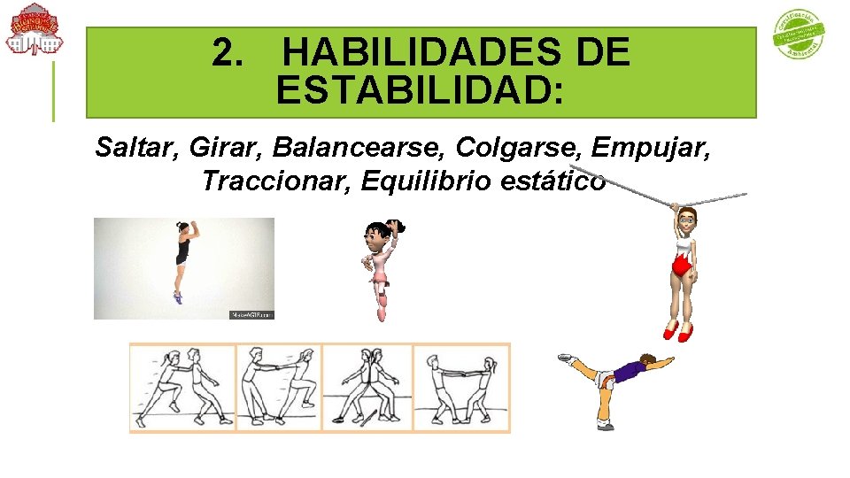 2. HABILIDADES DE ESTABILIDAD: Saltar, Girar, Balancearse, Colgarse, Empujar, Traccionar, Equilibrio estático 