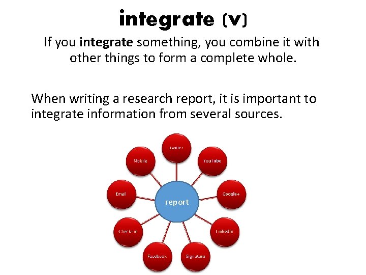 integrate (v) If you integrate something, you combine it with other things to form integrate (v) If you integrate something, you combine it with other things to form