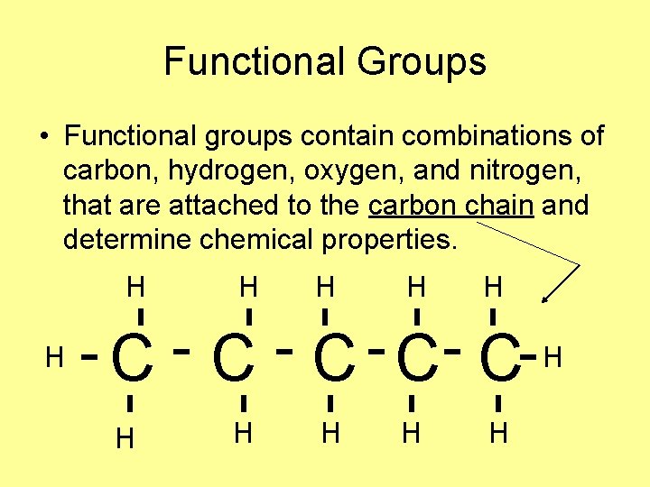 Functional Groups • Functional groups contain combinations of carbon, hydrogen, oxygen, and nitrogen, that Functional Groups • Functional groups contain combinations of carbon, hydrogen, oxygen, and nitrogen, that