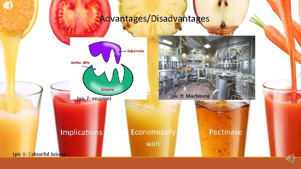 Advantages/Disadvantages (pic 8: Machines) (pic 7: enzyme) Implications Economically with (pic 9: Colourful Juices)