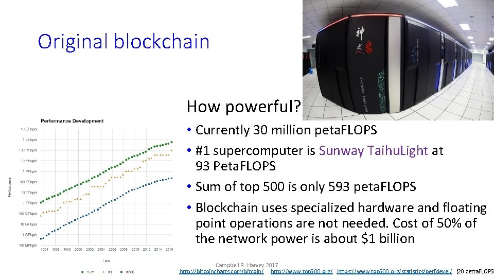 Original blockchain How powerful? • Currently 30 million peta. FLOPS • #1 supercomputer is