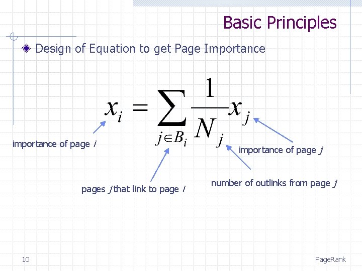 Basic Principles Design of Equation to get Page Importance importance of page i pages