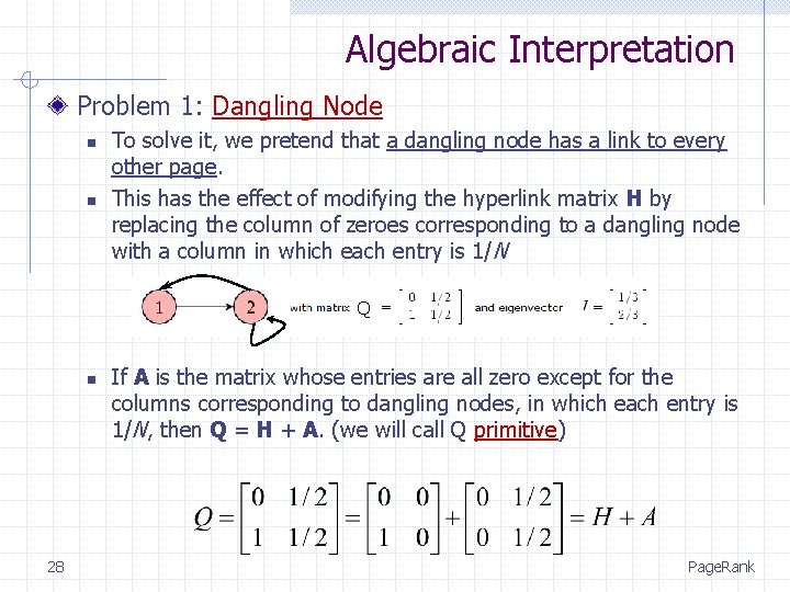 Algebraic Interpretation Problem 1: Dangling Node n n To solve it, we pretend that