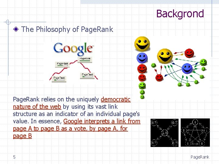Backgrond The Philosophy of Page. Rank relies on the uniquely democratic nature of the